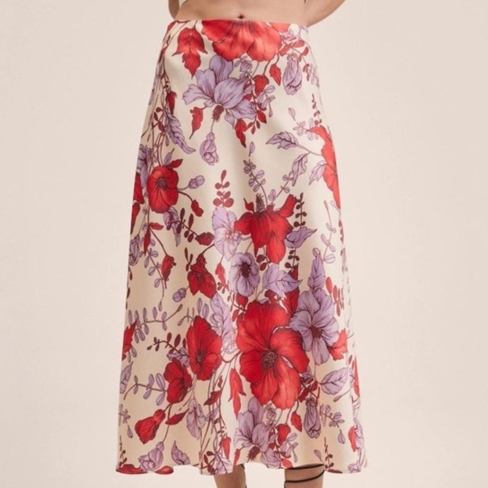 Mango Silk Red and Purple Floral Midi Skirt